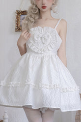 Süßes Lolita JSK-Kleid aus Chiffon mit Rüschen, Herzschleife und hoher Taille